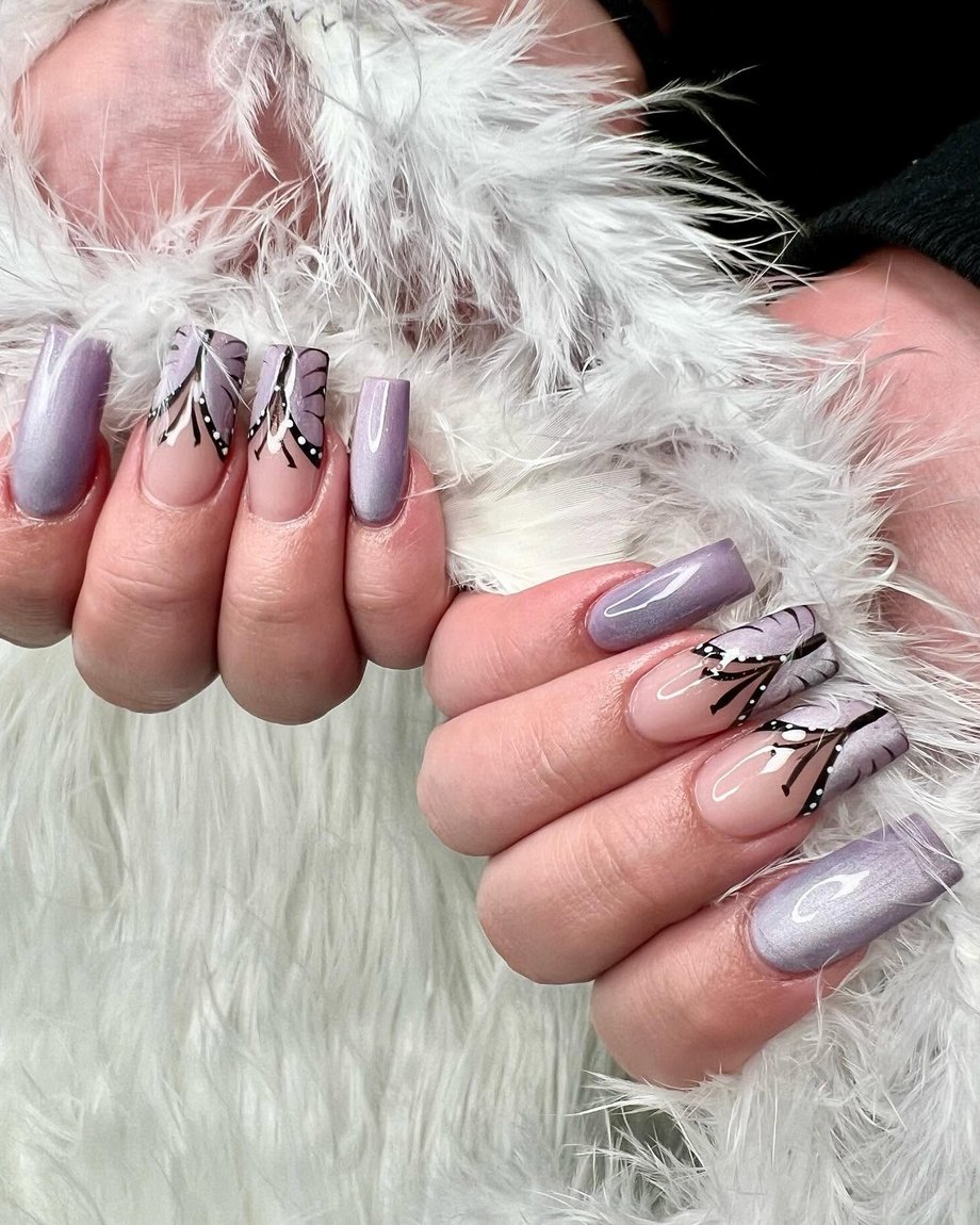 Sculpted lilac nail set with butterfly detail by Pearl Spa